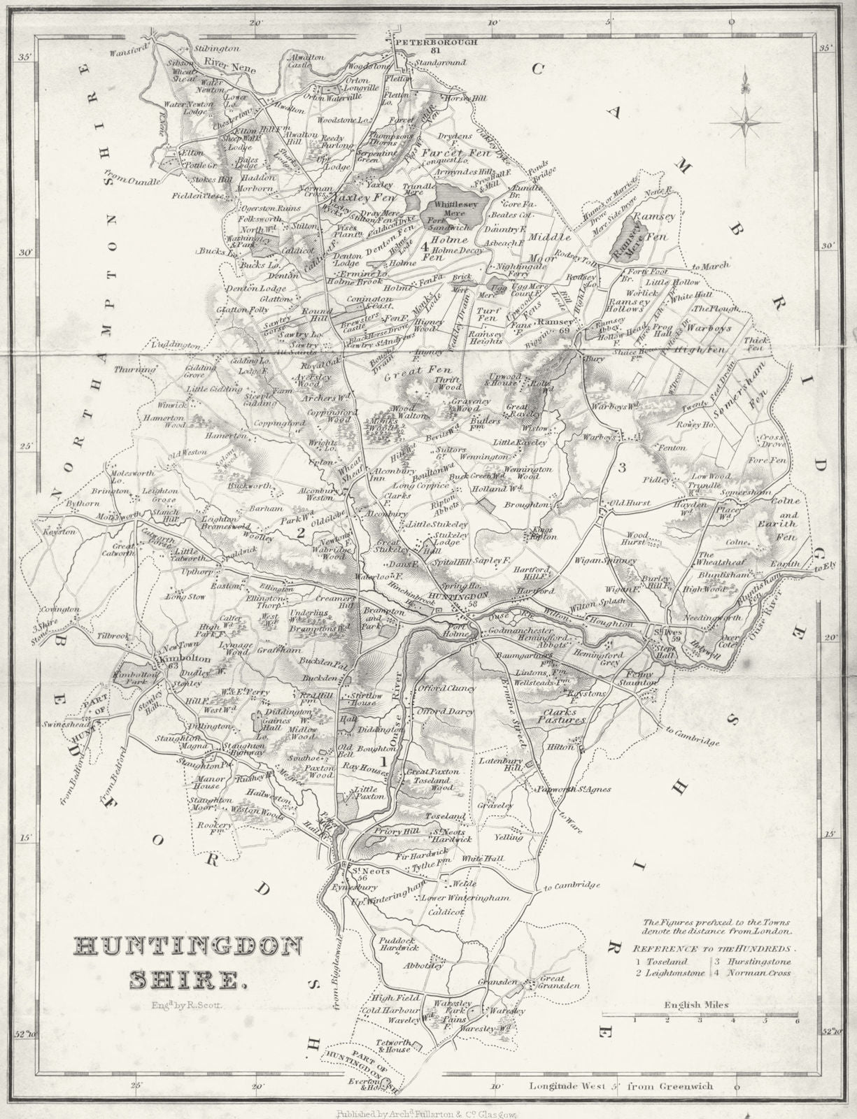 HUNTS. Huntingdonshire. Fullarton 1844 old antique vintage map plan chart